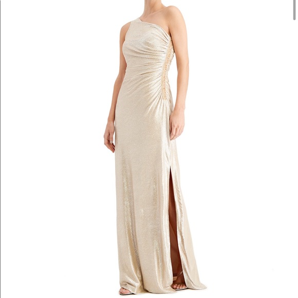One shoulder Calvin Klein dress with slit *GOLD - Picture 1 of 13